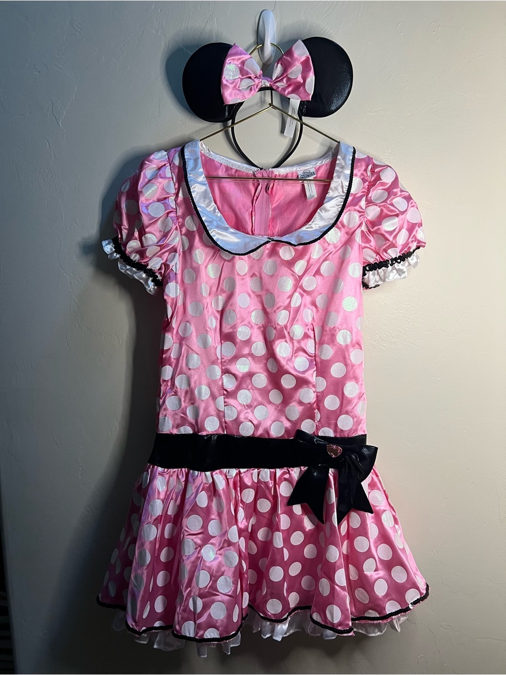 Disney Pink and White Polka Dot Girls Costume Dress with Black Sash & Ears